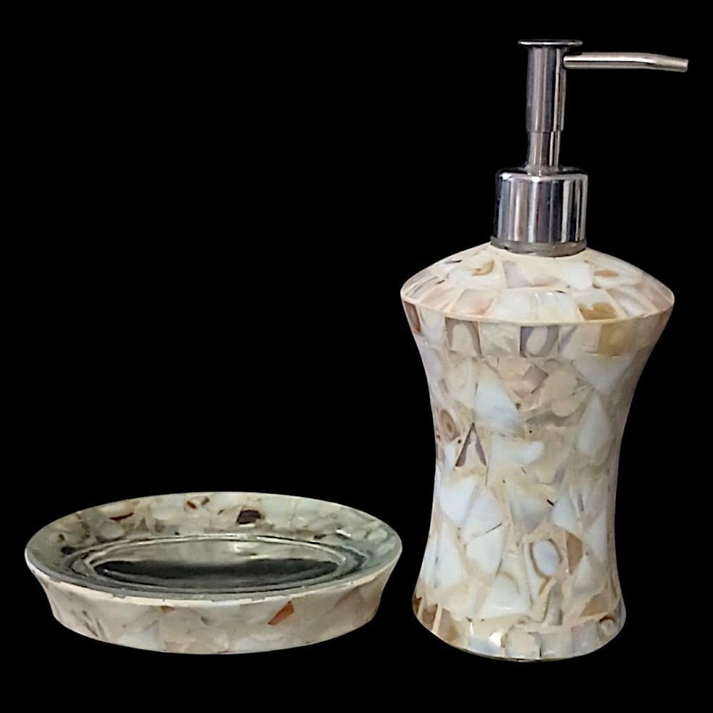 Vtg Capiz Shell Mosaic Glass Bathroom Set Soap Dispenser Soap Dish Coastal Decor